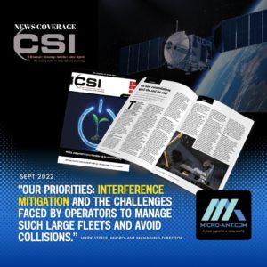 CSI Magazine Interview Graphic - Logo top left (CSI) and Micro-Ant-Logo Bottom Right. Magazine pages open in the center on Black background fading vertically to blue background.
